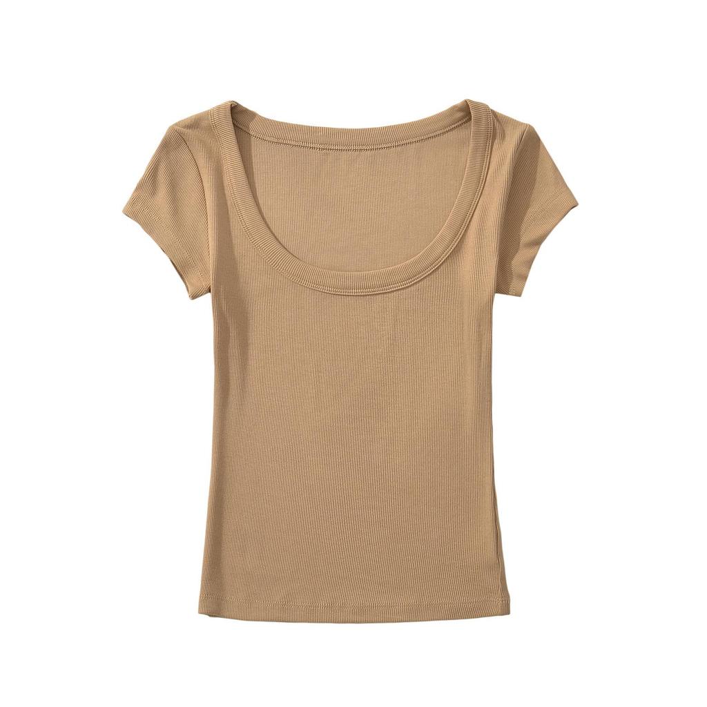 Damski letni dopasowany elastyczny top z krótkim rękawem, okrągłym dekoltem i wycięciem 2024