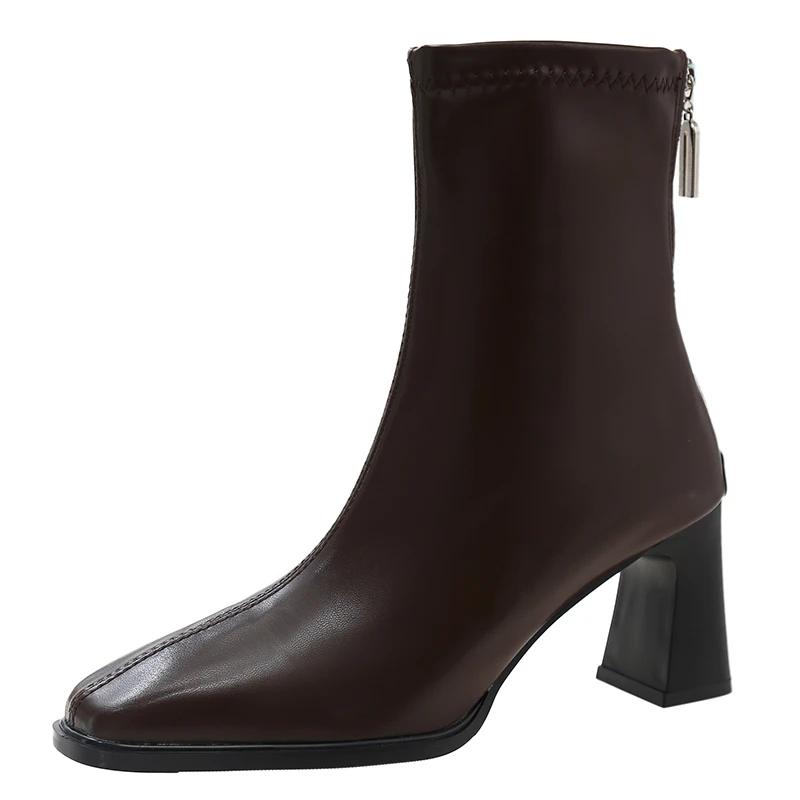 Fashion 2025 Autumn and Winter New High-end High-heeled Booties Women's Block Heel Square Toe White Skinny Boots