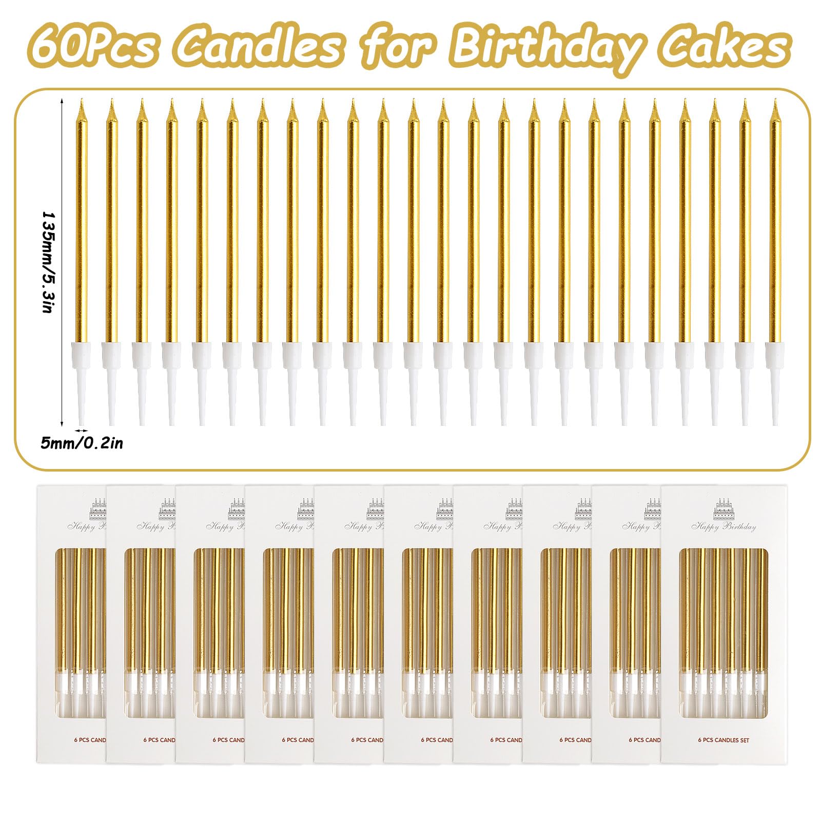 

60pcs Gold Cake Candles - Birthday/Wedding/Graduation Decor (No Fragrance) золотой