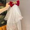 Velvet Christmas Veil Headband Red Bow Veil Gift Christmas Head Gauze  Hair Clip