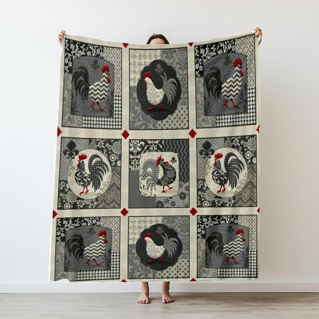 1pc Vintage Cute Chicken Print Flannel Blanket Soft Cozy Knitted All Seasons Colorful for Sofa Bed Office Camping Travel Gift