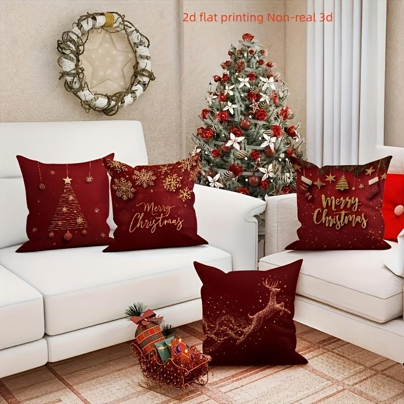 4pcs 2D Flat Double-Sided Print Christmas Pillow Covers, Golden And Red Patterns with Reindeer, Snowflakes, Christmas Trees. Seasonal Decorative Cushi
