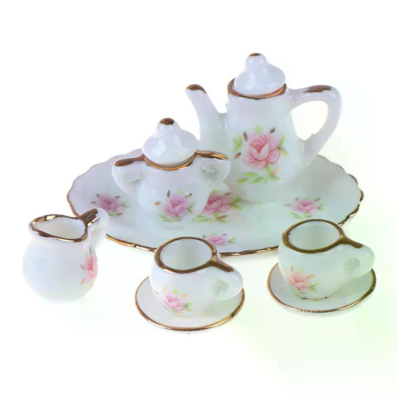 8Pcs 1/12 Dollhouse Miniature Dining Ware Porcelain Tea Set Dish Cups