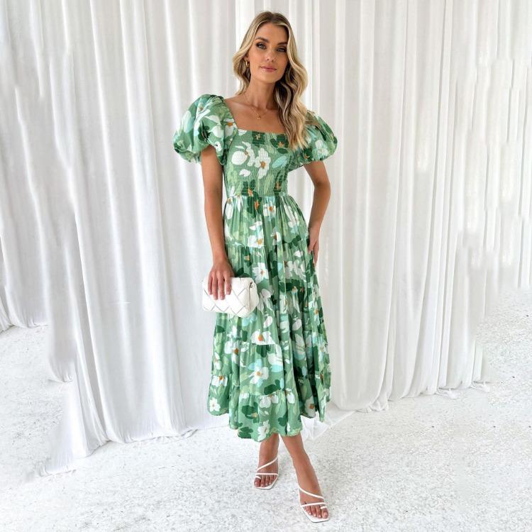Women's Summer Strapless Print Pleated Dress Short Sleeve Ankle Length Fashion