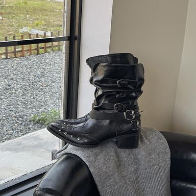 Martin Boots Women's Square Head Thick Heel Rivet Short Boots Western Cowboy Boots
