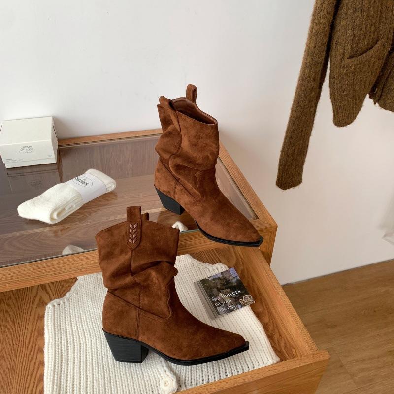 

Тренд 2025 осень-зима новые остроносые ковбойские сапоги из замши в стиле ретро, рыцарские сапоги на толстом каблуке, короткие сапоги 40 темно-коричневого