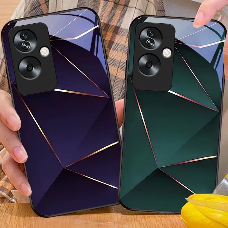 Geometric Prism For Oppo A79 5G 58 78 74 60 4G Reno 11F Realme GT 6 11 Note 50 10 C55 X2 Tempered Glass Black Phone Case