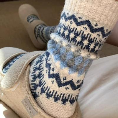 Rautenmuster Herbst und Winter Warm, Retro Ethno-Stil Wollsocken, Dicke Frotteesocken und Postpartale Socken