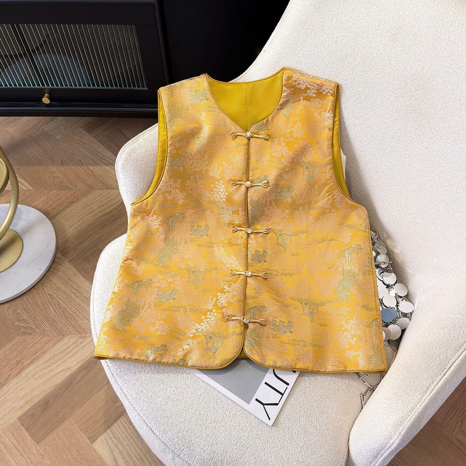 

Топ-жилет, жилет на пуговицах, женский верхний жилет без рукавов жаккардовой вязки M (under 50kg recommended) жёлтый