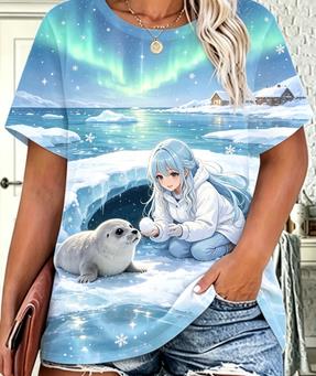 Women Christmas Pet Dog T‑Shirt, Girl With Golden Retriever Winter Snow Scene Graphic Casual Short Sleeve Holiday Daily Tee