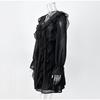 Elegant Ruffles Mini Dress Women V Neck Hollow Out Lace Up Long Sleeves Lace Dresses  Solid Color High Waist Dress