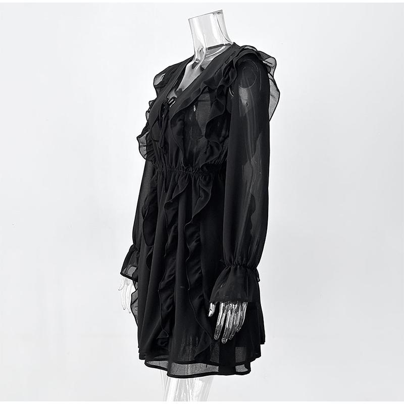 Elegant Ruffles Mini Dress Women V Neck Hollow Out Lace Up Long Sleeves Lace Dresses  Solid Color High Waist Dress