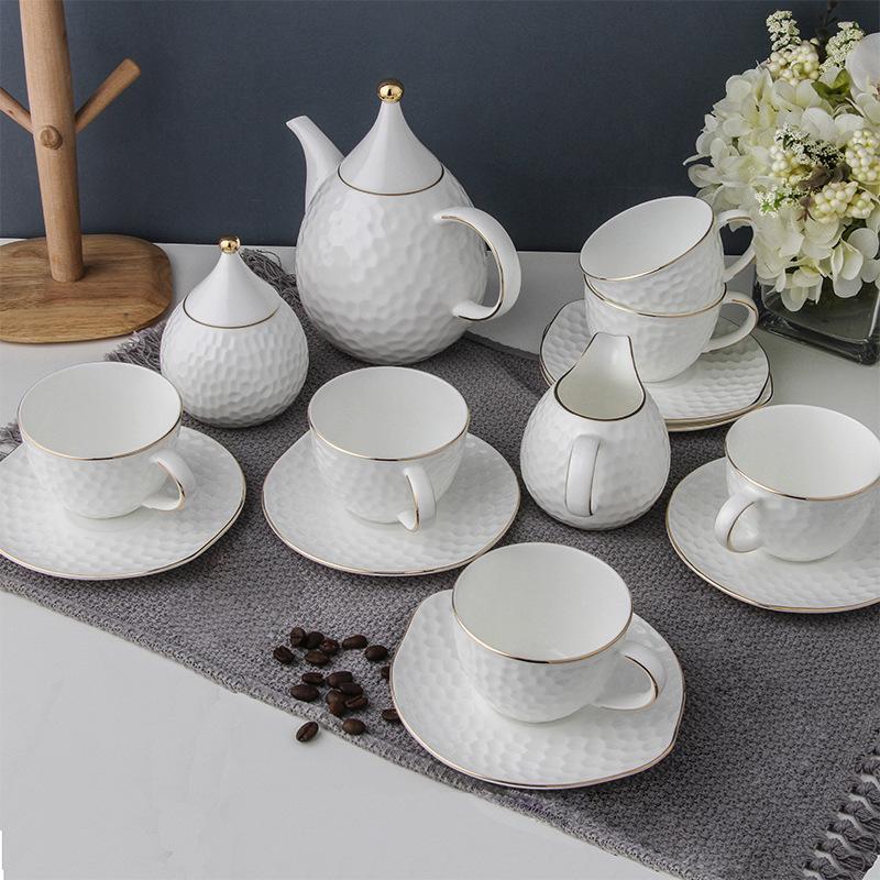 

Simple Relief White Ceramic Coffee Cup and Saucer Sets of 15 Pieces, Bone China Tea Cup with Gold Trim, Home Tea Set Tea Pot,milk Cup, Sugar Jar, Gift