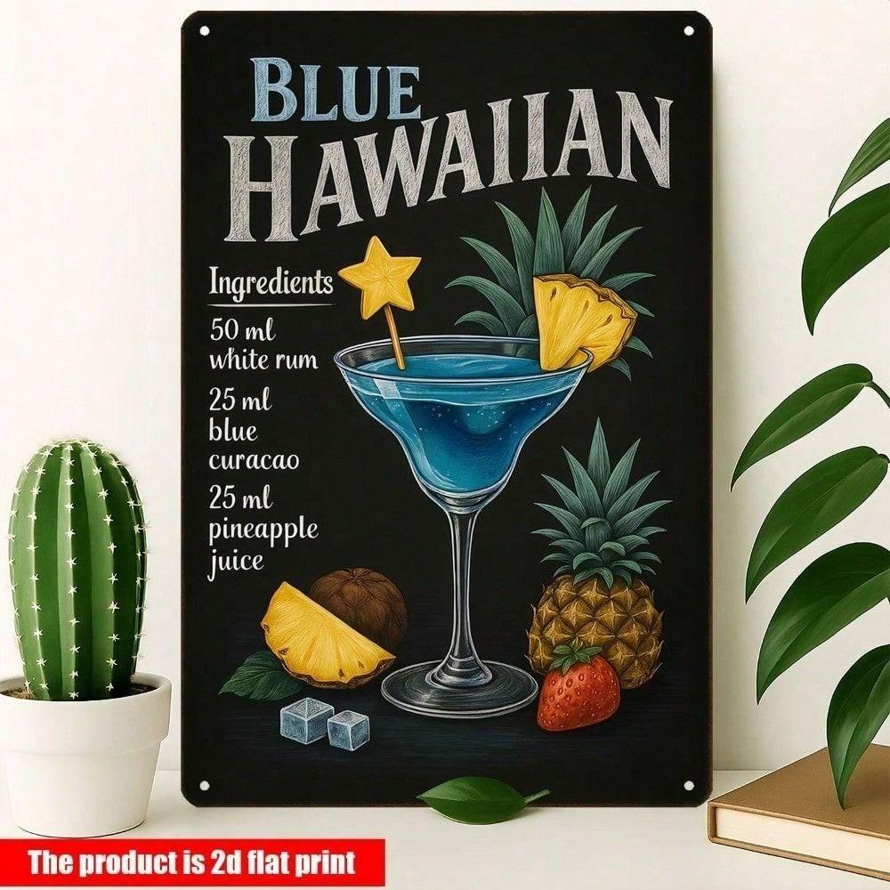Metal Wall Art Blue Hawaiian Cocktail Retro Tropical Poster for Bar
