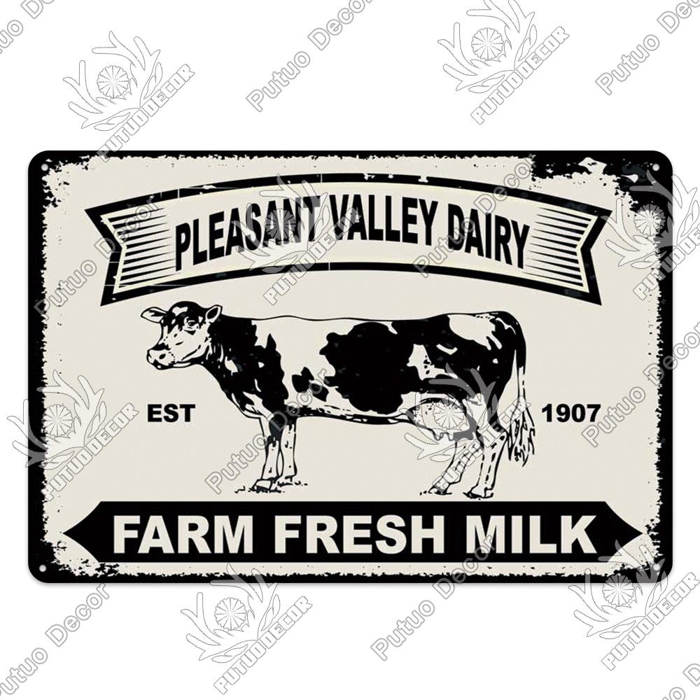 Putuo Decor Farm Tin Sign Milk Vintage Tin Sign Plaque Metal Plate Retro Poster for Farmhouse Cow Pig Wall Stickers Art Decor