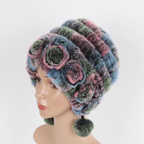 Sale Winter Women Flowers Striped Natural Real Rex Rabbit Fur Hats Lady Warm Knit Genuine Fur Caps Russian Outdoor Fur Hats