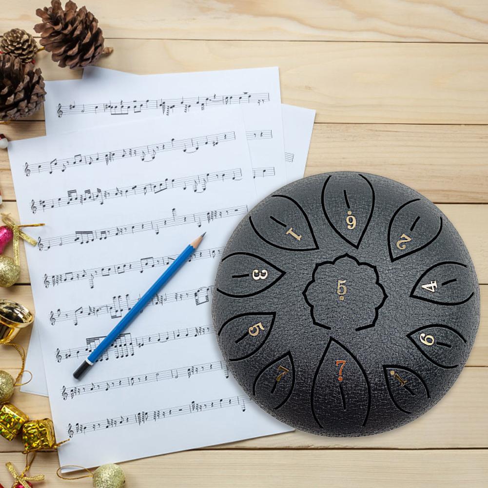 6 inch 11 Tune Hollow Drum Notes Percussion Musical Instrument Hand Pan Tank Drum Steel Tongue Drum with Bag Drumsticks Sticker