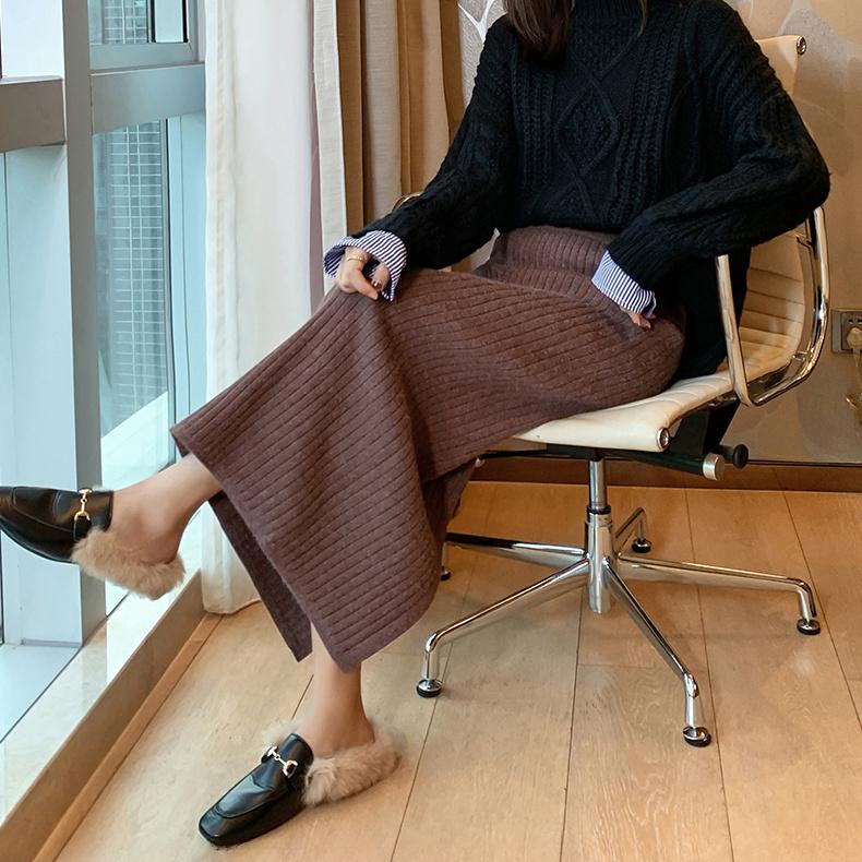 

High-End Women s Autumn Winter Thickened Knitted Midi Skirt Slit Bodycon Pencil Skirt Slim-Fitting Wool Skirt One Size