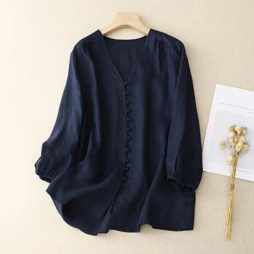Summer Thin Cotton Linen Shirt Women s Pure Color Versatile Youthful Slimming V-neck Cotton Linen Seven-quarter Sleeve Top XS