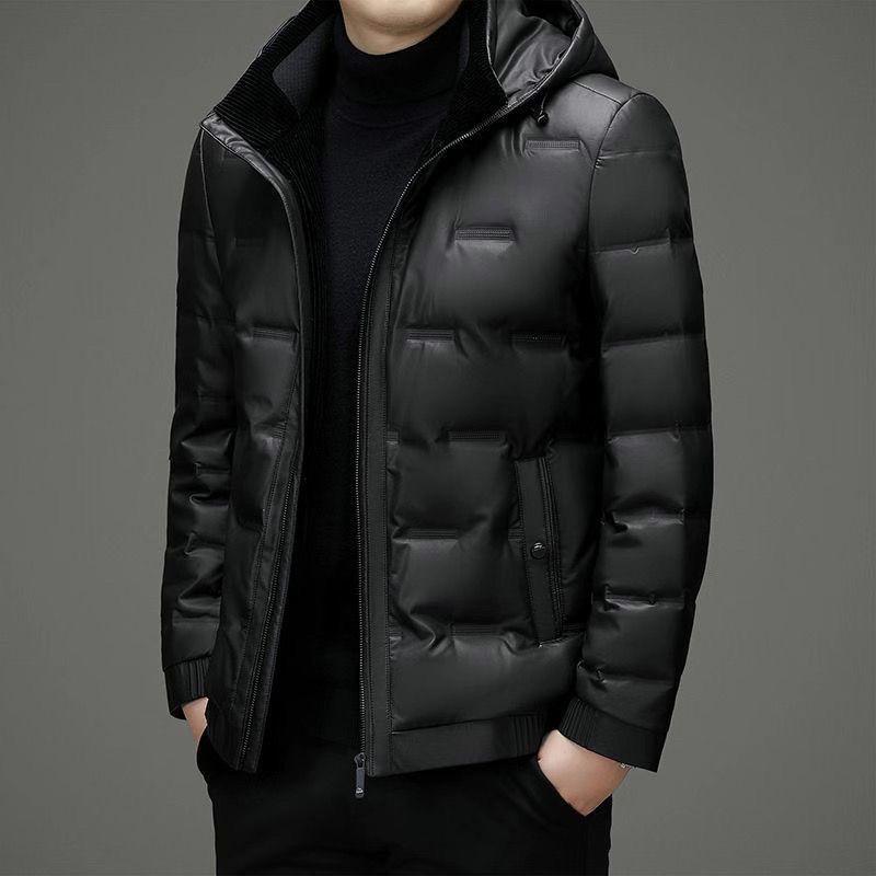 2025 Winter Men's Shiny Leather Hooded Down Jacket - Casual, Warm, Pure Color Outerwear