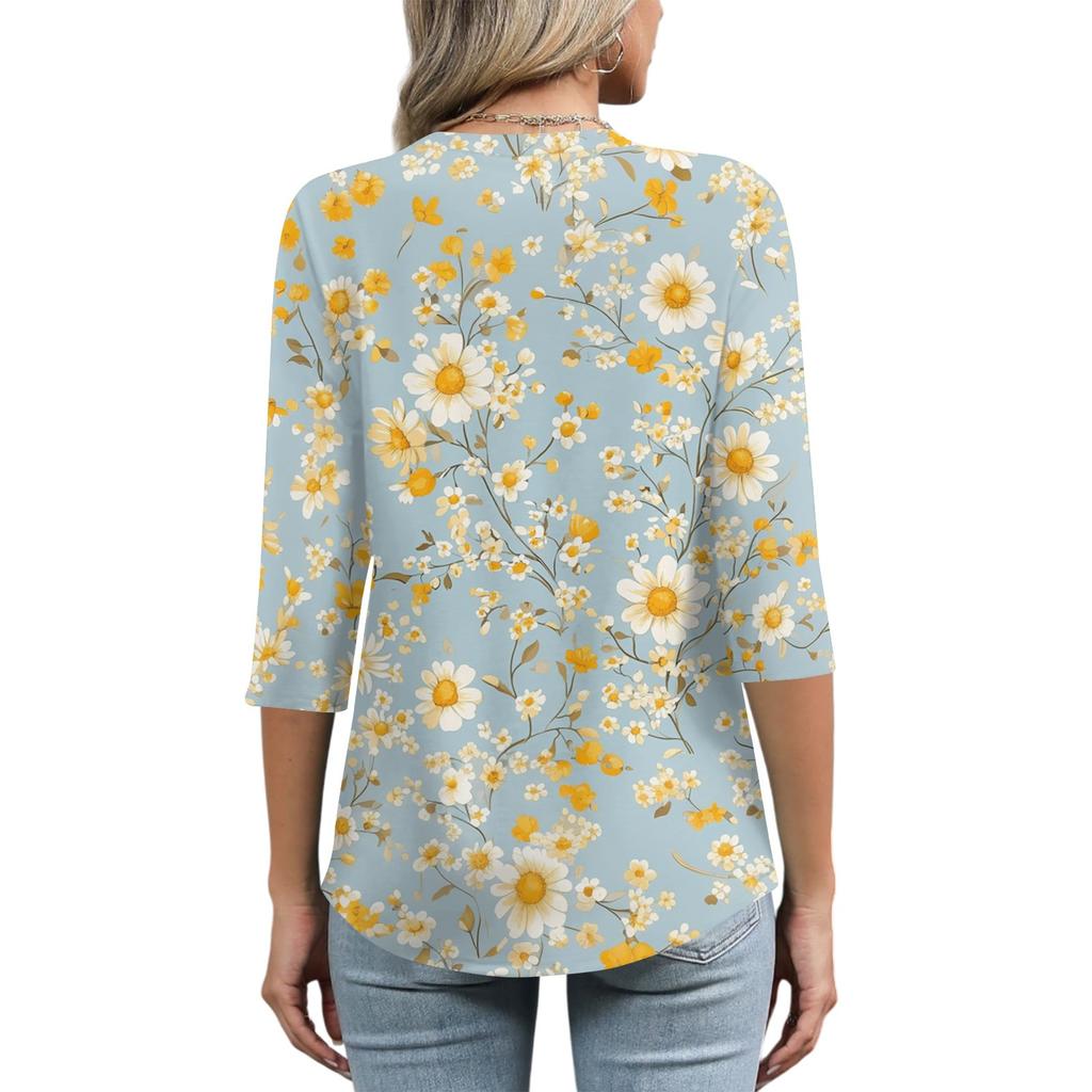 Women's Tops Three-quarter Sleeve Shirt V-neck Loose Casual Shirt Print T-shirt