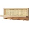 Japanese Style Solid Wood Rattan Wall Shelf with Hooks for Books, Magazines, and Keys