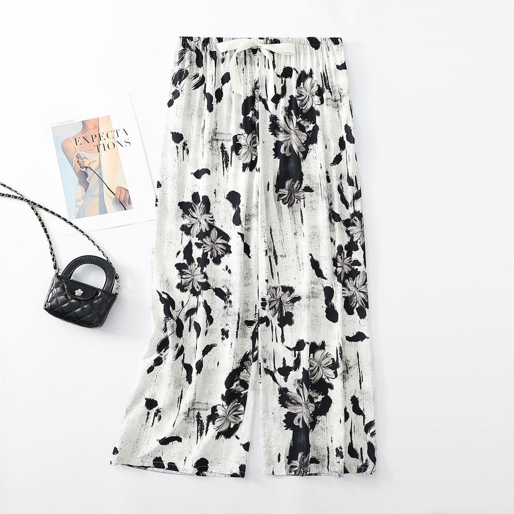 Women's Pajama Bottoms Floral Print Cuff Pants Wide Leg Pj Pants Elastic Waist Sleep Pants Loungewear Nightwear