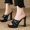 Fashion Diamond Mesh Women Heels Fashion Outdoors Female Thick Heel Slippers 2024 Summer Crystal Dress Wedding Shoes Lady Pumps Slides