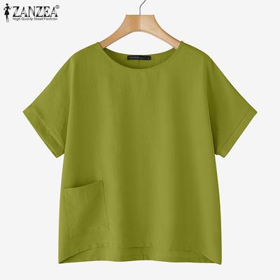 Women Casual Round Neck Solid Color Summer Half Sleeve Blouse