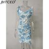 BITCED Summer Women Floral Print Butterfly Sleeve Bodycon Dress Ruffle V Neck Bandage Casual Short Sundress Female Beach Spaghetti Strap Mini Dress
