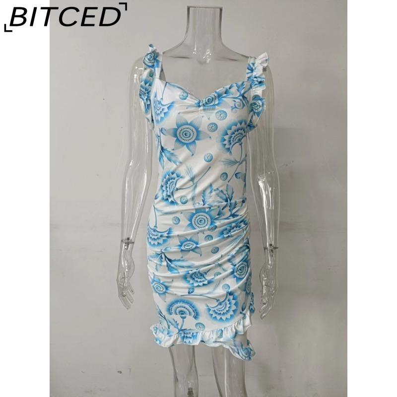 BITCED Summer Women Floral Print Butterfly Sleeve Bodycon Dress Ruffle V Neck Bandage Casual Short Sundress Female Beach Spaghetti Strap Mini Dress