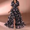 Women's Fashion V-neck Puff Sleeve Long Dress - Multi-layer Print Evening Party Gown