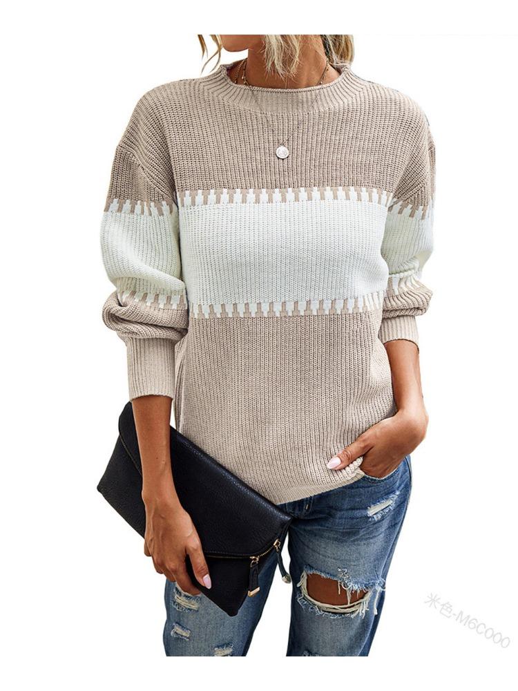 Contrast Colour Striped Knitted Sweater for Women Bell Sleeves Top Women's Round Neck Luxurious Relaxed-fit Slimming and Versatile Top