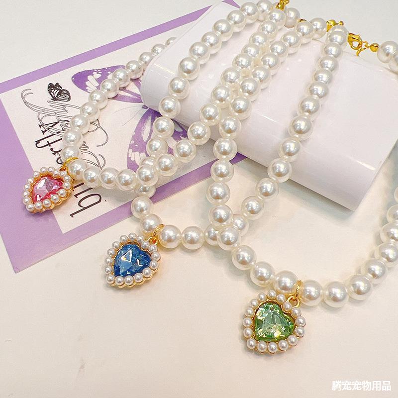 Pet Pearl Necklace Cat Collar Puppy Dog Love Crystal Pendant Teddy Neck Cute Ornament