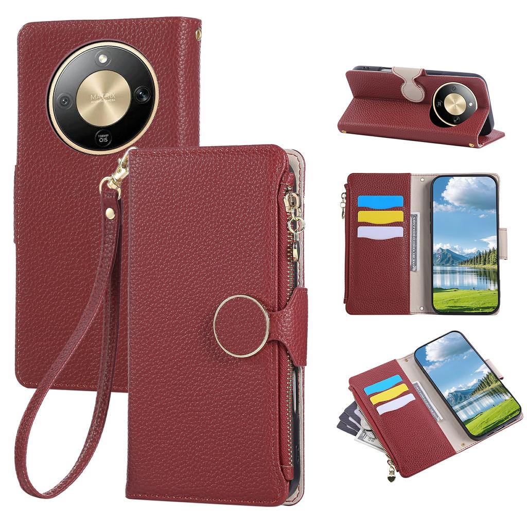 Phone Case For Honor Magic8 Lite 5G / X9d 5G / X70 5G Zipper Wallet Leather Phone Cover with Wrist Strap