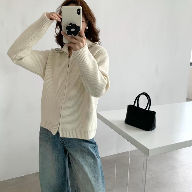 Double zipper knitted cardigan top autumn and winter new solid color loose soft waxy lazy sweater jacket women