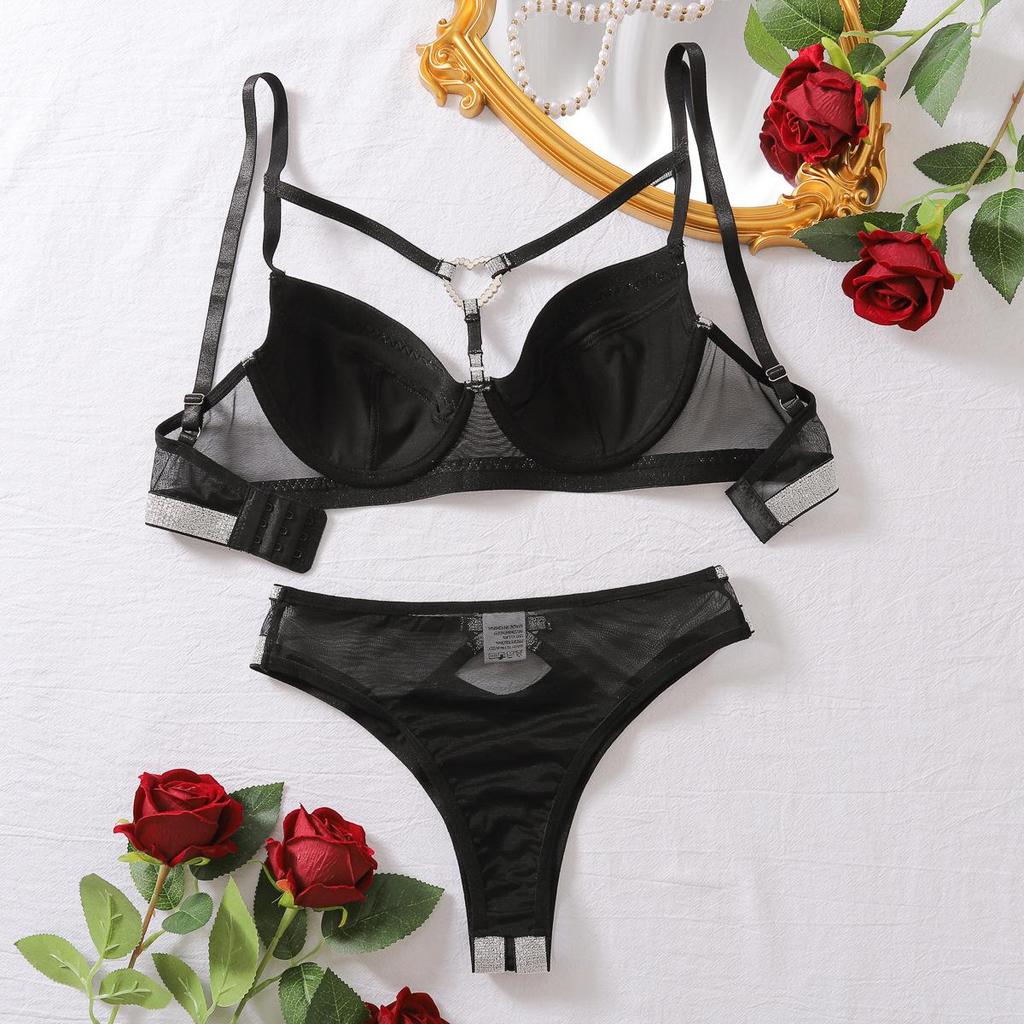 Women's Sexy Fashion Lingerie Set Heart Ring Buckle Sheer Mesh See Through Colorblock Contrast Color Push Up Underwear Set