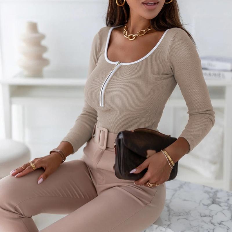 Herbst und Winter Neue Jumpsuits mit eckigem Ausschnitt und Slim Fit T-Shirt Damen Langarm Basic Sexy Romper T-Shirt Frau Uni Lässig Elegant Body Tee 25550