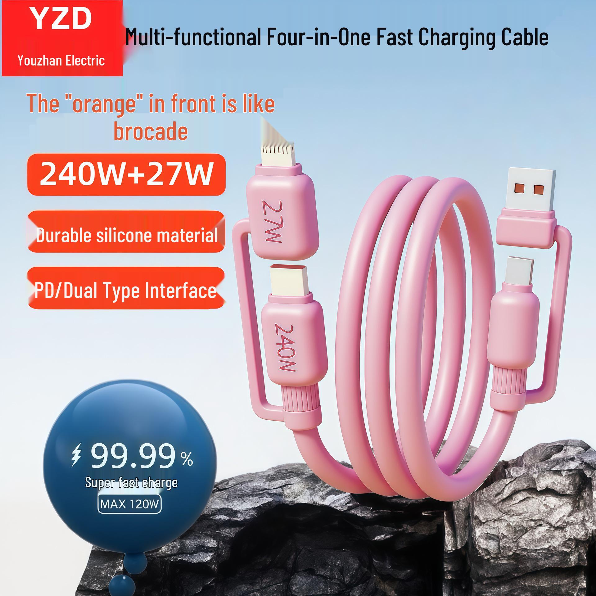 

240W/27W PD Fast Charging USB 3.0 4-in-1 Data Cable for Huawei, Apple, Samsung, and Honor Phones Pink [4-in-1]