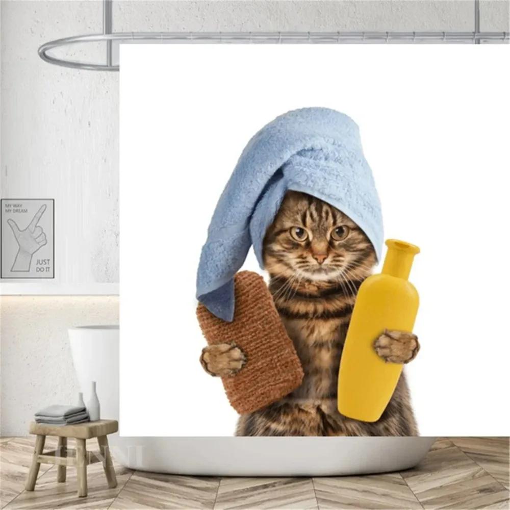 Funny Shower Curtains Bathroom Curtain With Hooks Decor Waterproof Cute Cat Dinosaur Bath Polyester Fabric