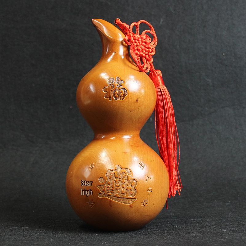 Peach Wood Gourd Ornament with Fu Character and Bagua Pendant for Home Decor Small - Height 12 cm