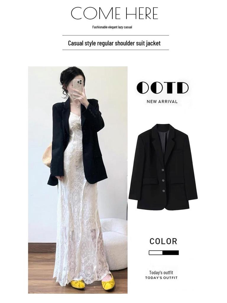 Women's Black Regular Fit Shoulder Suit Jacket - Autumn/Winter Loose Casual Korean Style with High-End Feel