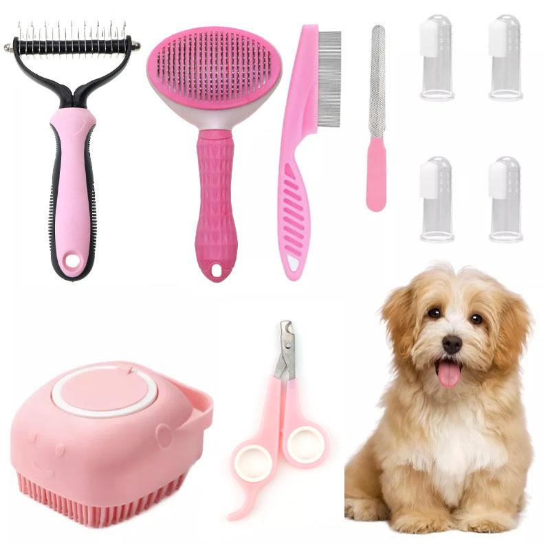 10-piece Cat and Dog Brush Beauty Set, Self-cleaning Rake Brush, Nail Clipper, Flea Comb, Bath Brush, Finger Cots