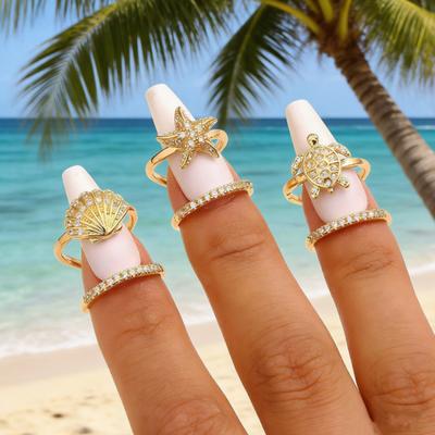 Goldener Meeresbewohner Ring für Damen Strass-Seepferdchen Schildkröte Delfin Seestern Muschel Doppellagig Verstellbarer Ring Böhmischer Strand Schmuck Geschenk für