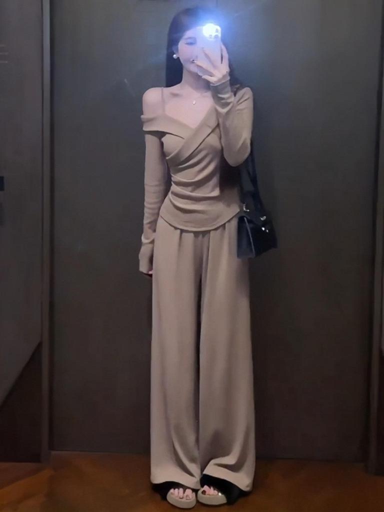 Korean Style Off-Shoulder Top and Wide-Leg Pants Set for Women - Autumn/Winter Fashion