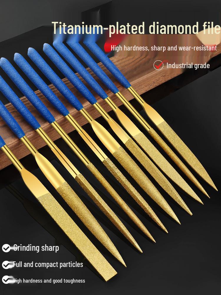 Titanium-Plated Alloy File Set: Assorted Small Files for Metal, Jade, and Polishing. Titanium-Plated Flat File 3*140mm (Single Piece)