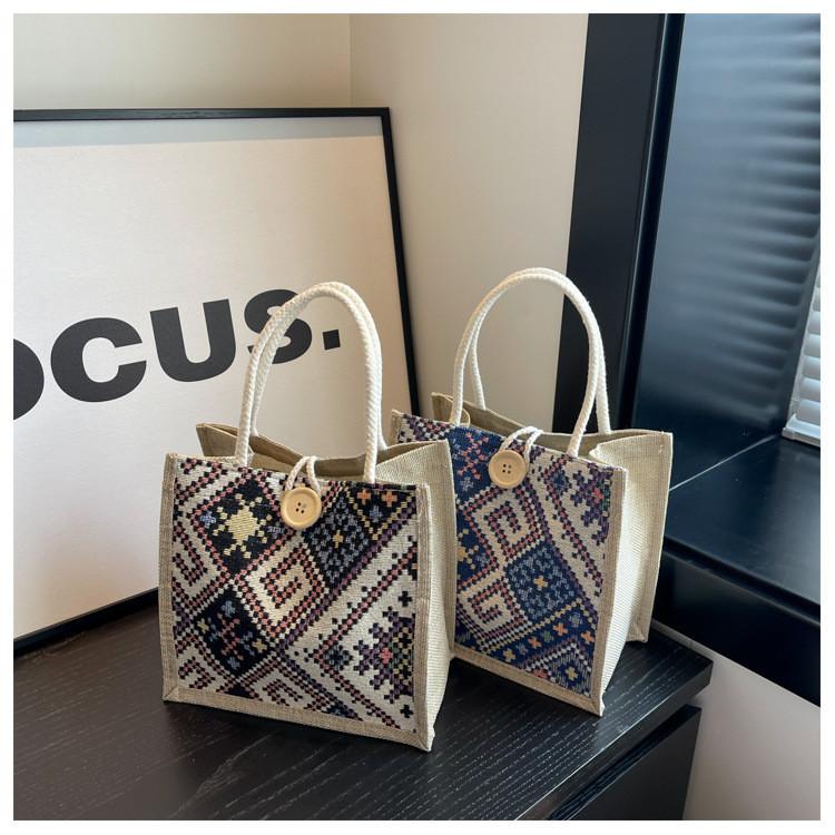 Fashionable Ethnic Style Canvas Bag For Women Small Square Bag With Button Closure