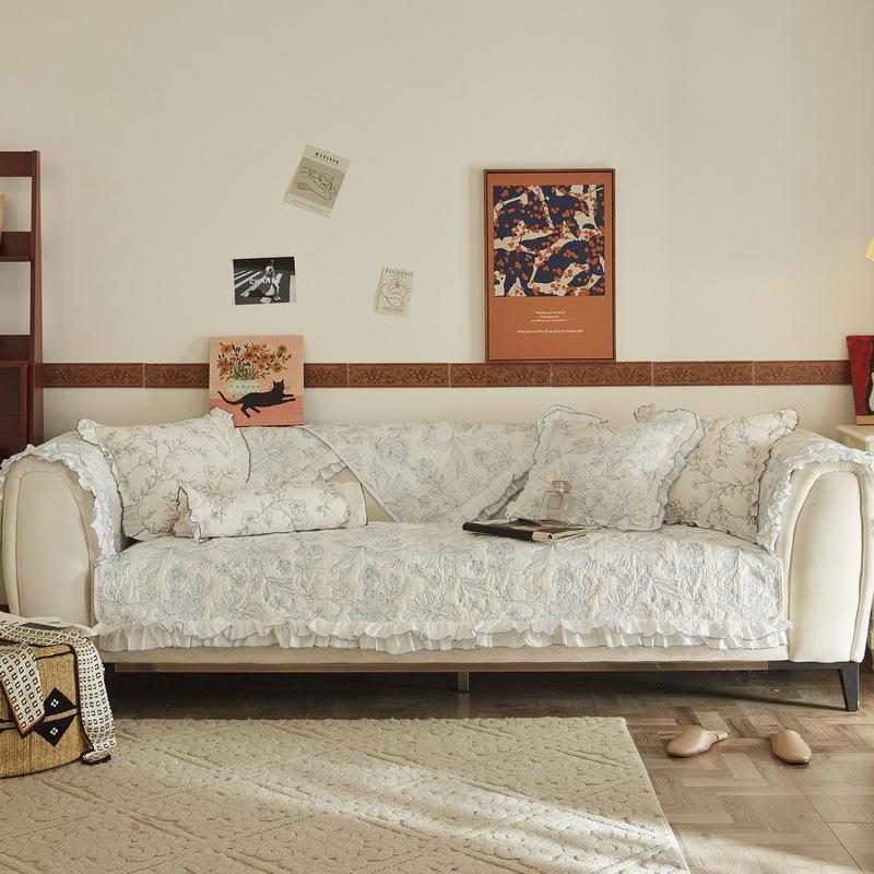 French Retro Cotton Sofa Cushion, Advanced Embroidery, All-Season Non-Slip Seat Cushion Cover, All-Inclusive Universal Cover Cloth Towel Cover