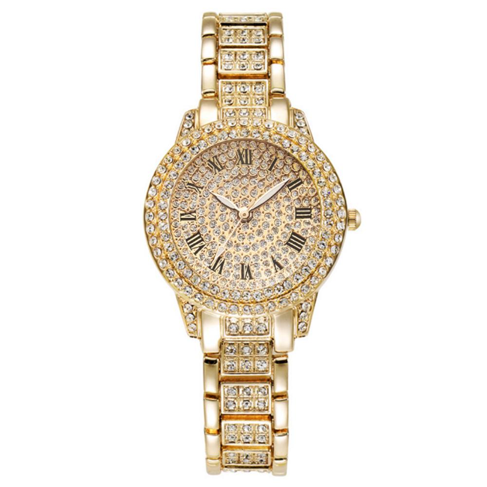 Full Diamond Roman Literary Steel Belt Watch Female Gypsy Temperament Business Quartz Watch Hip Hop Wind Full Diamond Bracelet Set