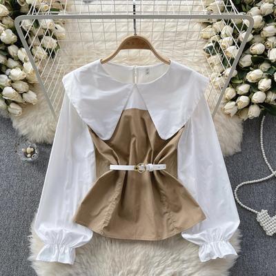 Korean Series Short Shirts for Women, Puff Sleeve Top, Large Lapel, Contrast Color, Patchwork, Early Spring Wear, New Fashion